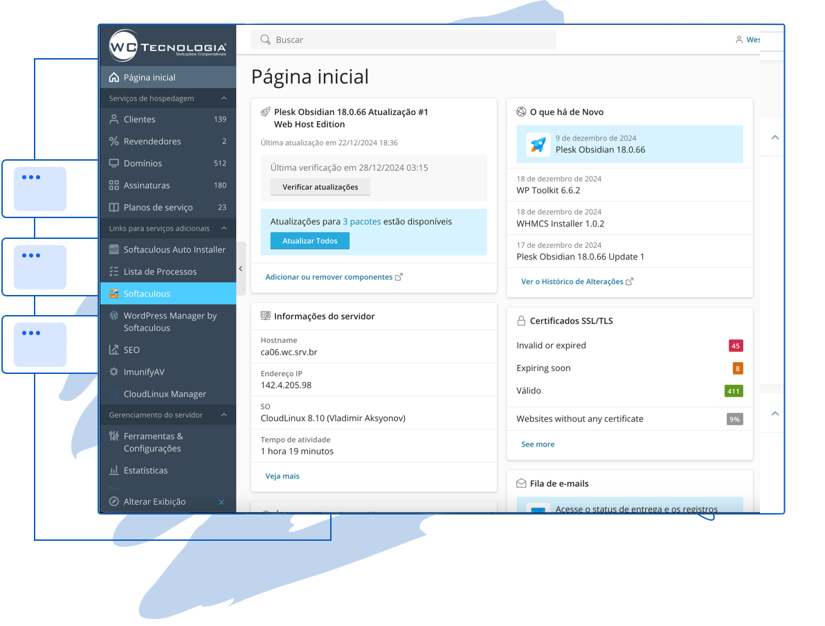 Painel de controle Plesk para gerenciamento de hospedagem